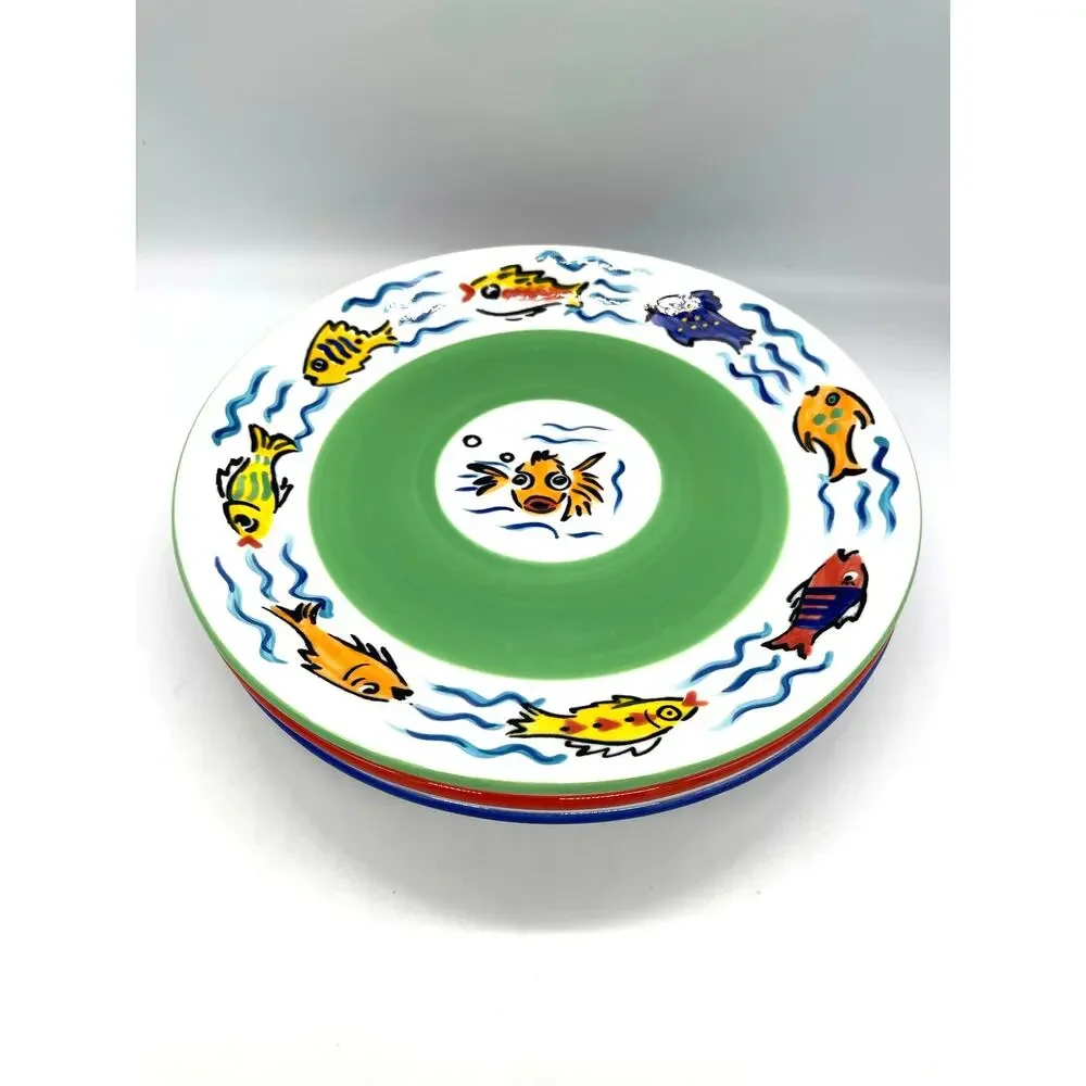 Les Tropiques by Strata Group Set of 4 Dinner Plates Hand Painted Tropical Fish